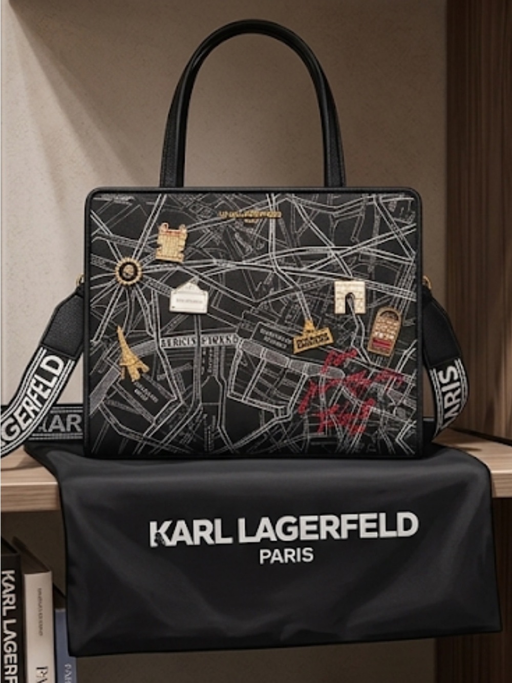 Karl Lagerfeld Black Map-Print Satchel with Gold Pin Accents. NWT